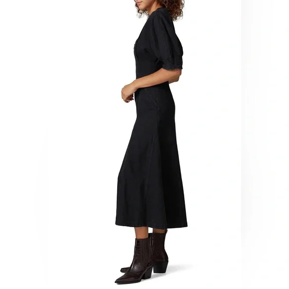 Mara Hoffman Sophie Dress Black V‑Neck Midi Dress with Puff Sleeves - Picture 3 of 11